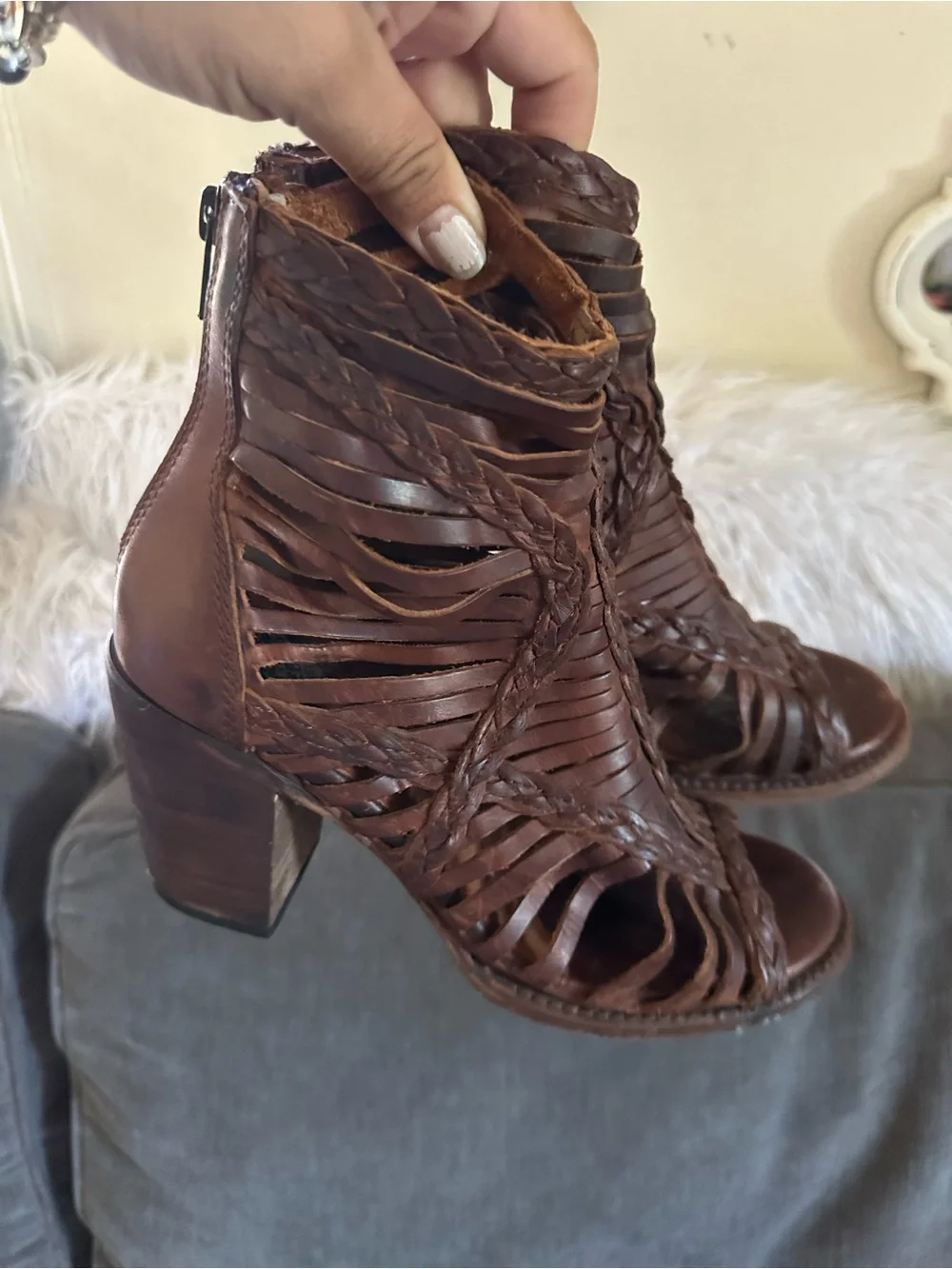 Freebird by Steven Brown Woven Leather Peep-Toe Ankle Booties - Picture 7 of 14